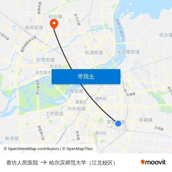 香坊人民医院 to 哈尔滨师范大学（江北校区） map
