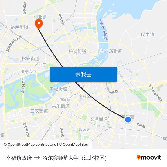 幸福镇政府 to 哈尔滨师范大学（江北校区） map