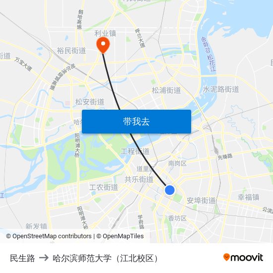 民生路 to 哈尔滨师范大学（江北校区） map
