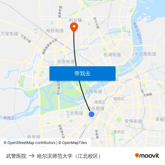 武警医院 to 哈尔滨师范大学（江北校区） map