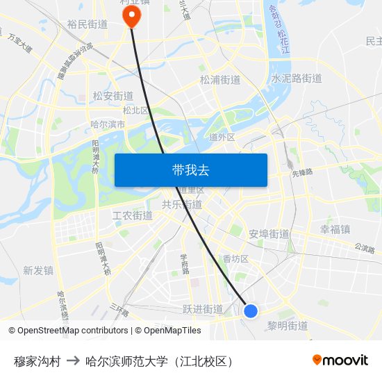 穆家沟村 to 哈尔滨师范大学（江北校区） map