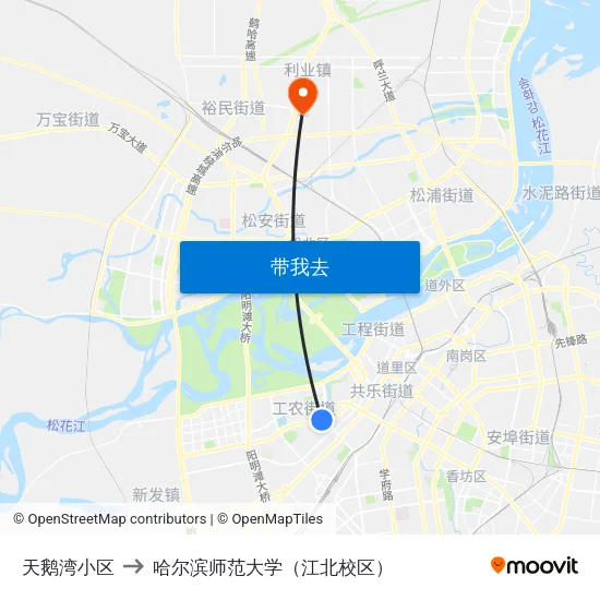 天鹅湾小区 to 哈尔滨师范大学（江北校区） map