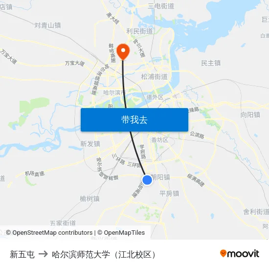 新五屯 to 哈尔滨师范大学（江北校区） map