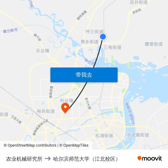 农业机械研究所 to 哈尔滨师范大学（江北校区） map