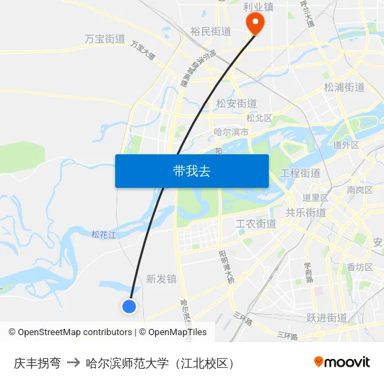 庆丰拐弯 to 哈尔滨师范大学（江北校区） map