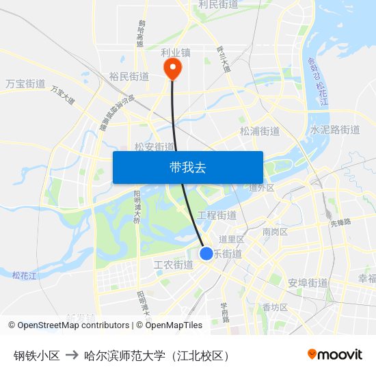 钢铁小区 to 哈尔滨师范大学（江北校区） map