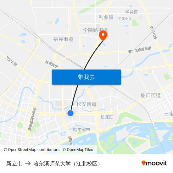 新立屯 to 哈尔滨师范大学（江北校区） map