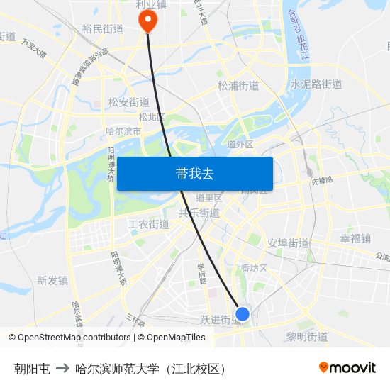 朝阳屯 to 哈尔滨师范大学（江北校区） map