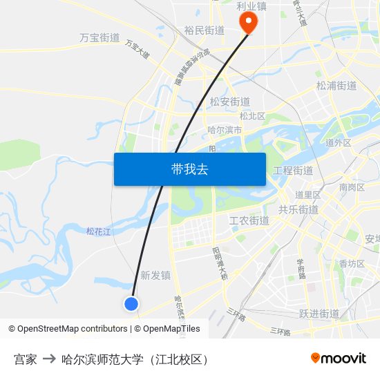 宫家 to 哈尔滨师范大学（江北校区） map