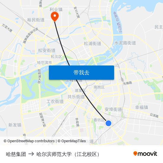 哈慈集团 to 哈尔滨师范大学（江北校区） map