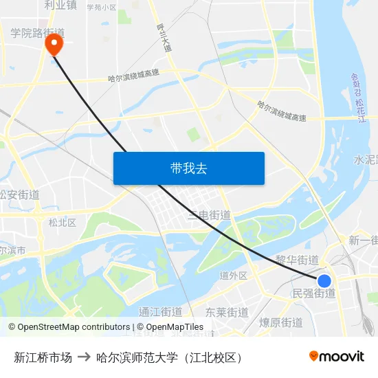 新江桥市场 to 哈尔滨师范大学（江北校区） map