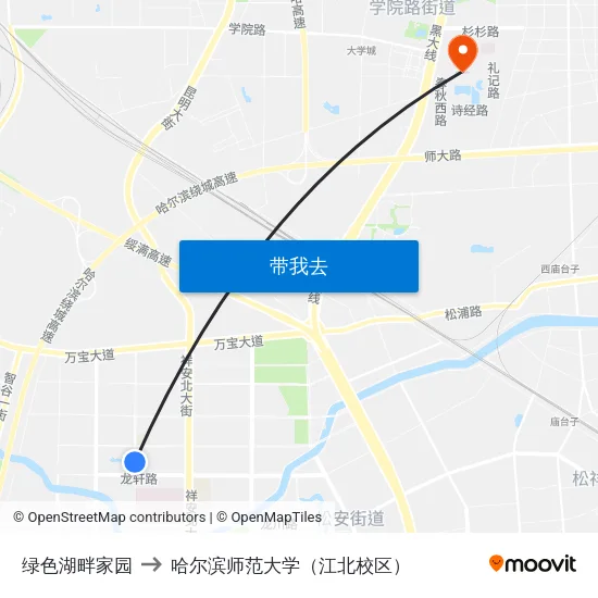绿色湖畔家园 to 哈尔滨师范大学（江北校区） map