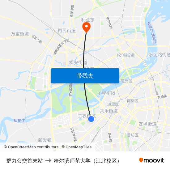 群力公交首末站 to 哈尔滨师范大学（江北校区） map