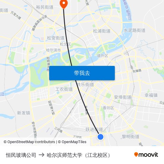 恒民玻璃公司 to 哈尔滨师范大学（江北校区） map