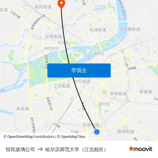 恒民玻璃公司 to 哈尔滨师范大学（江北校区） map