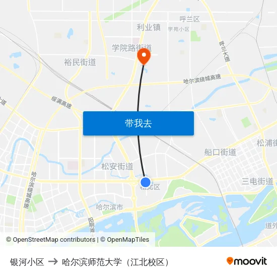银河小区 to 哈尔滨师范大学（江北校区） map