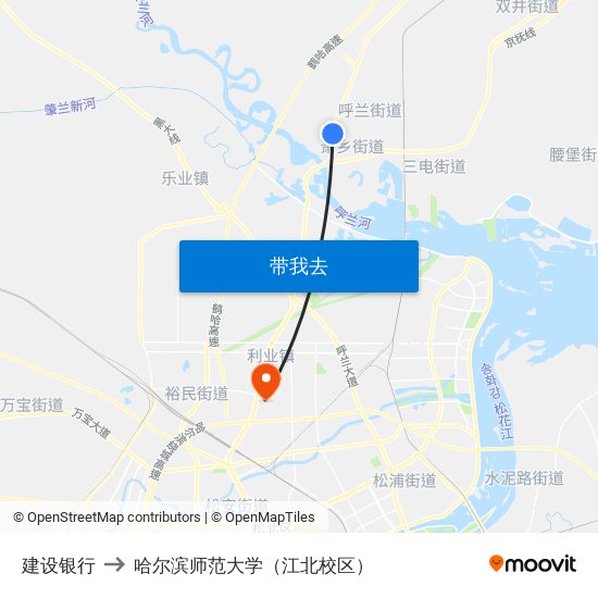 建设银行 to 哈尔滨师范大学（江北校区） map