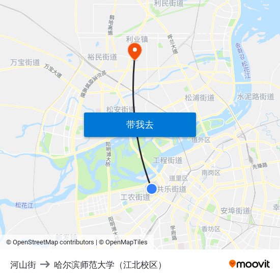 河山街 to 哈尔滨师范大学（江北校区） map