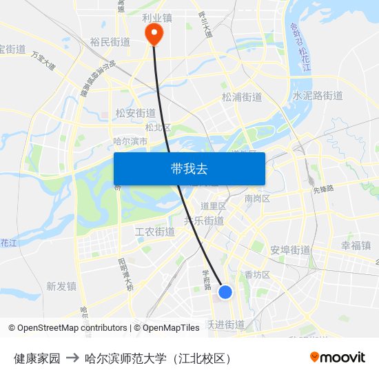 健康家园 to 哈尔滨师范大学（江北校区） map