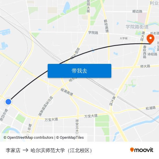 李家店 to 哈尔滨师范大学（江北校区） map
