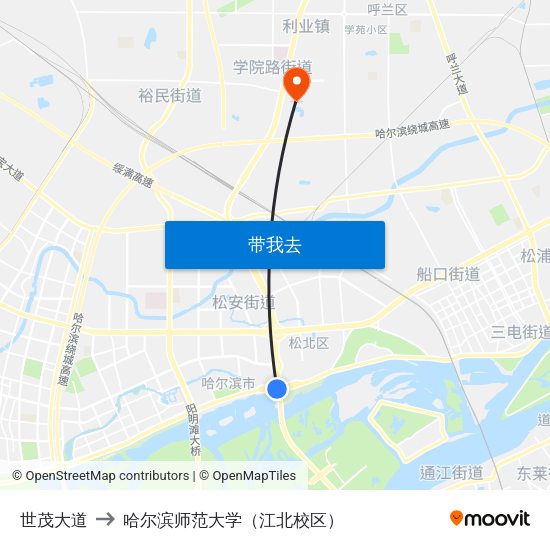 世茂大道 to 哈尔滨师范大学（江北校区） map