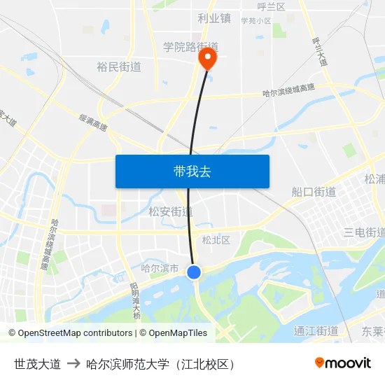 世茂大道 to 哈尔滨师范大学（江北校区） map