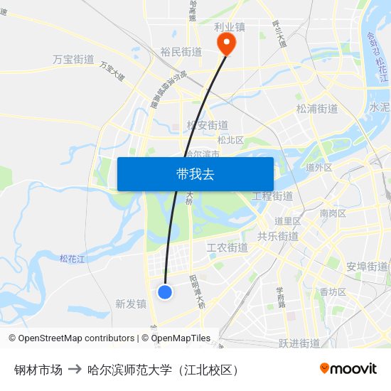 钢材市场 to 哈尔滨师范大学（江北校区） map