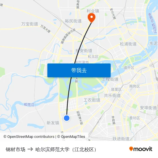 钢材市场 to 哈尔滨师范大学（江北校区） map