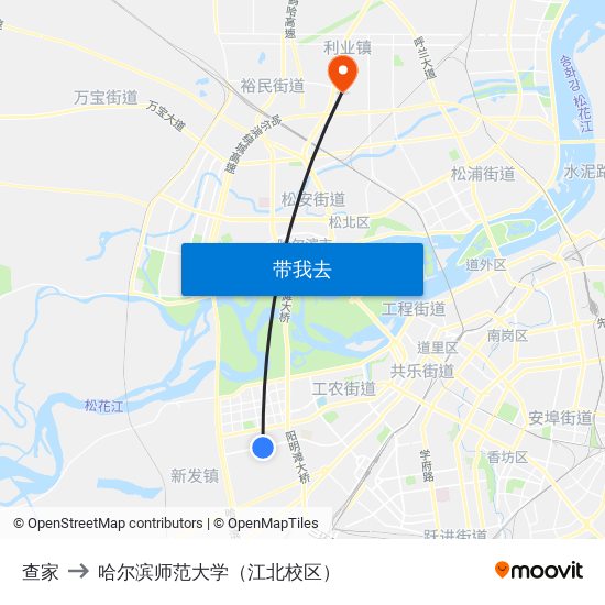 查家 to 哈尔滨师范大学（江北校区） map