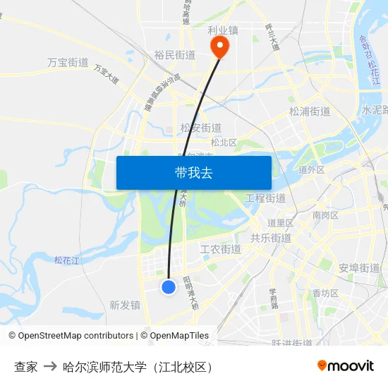 查家 to 哈尔滨师范大学（江北校区） map
