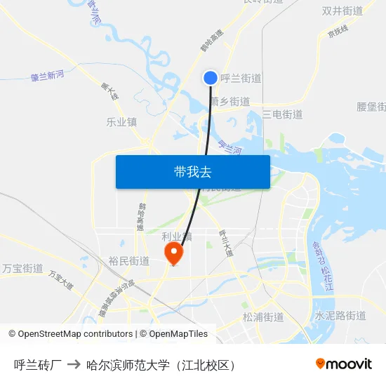 呼兰砖厂 to 哈尔滨师范大学（江北校区） map