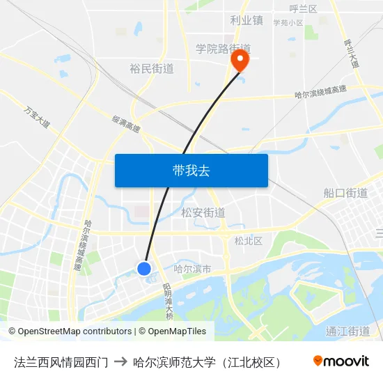法兰西风情园西门 to 哈尔滨师范大学（江北校区） map