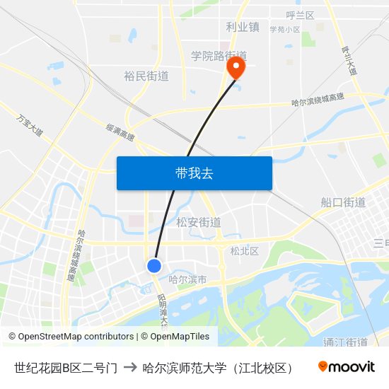 世纪花园B区二号门 to 哈尔滨师范大学（江北校区） map