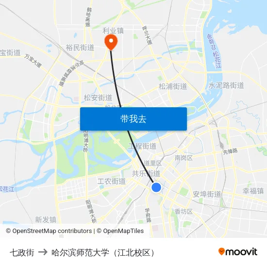 七政街 to 哈尔滨师范大学（江北校区） map