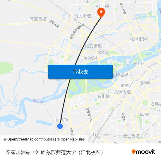 辛家加油站 to 哈尔滨师范大学（江北校区） map