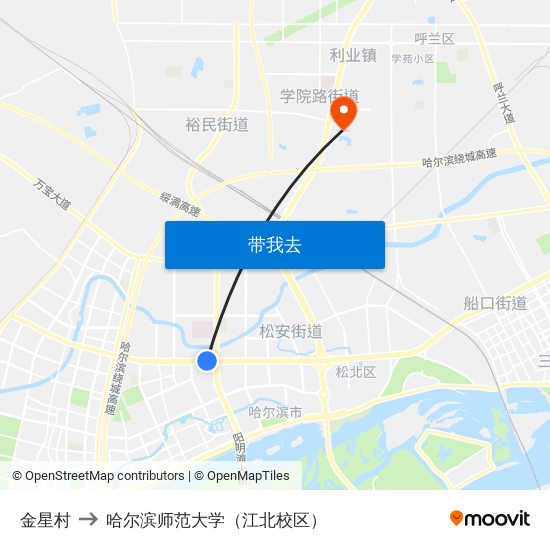 金星村 to 哈尔滨师范大学（江北校区） map