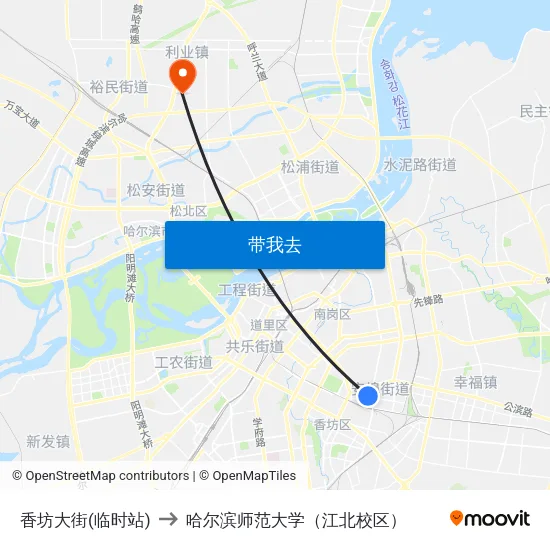香坊大街(临时站) to 哈尔滨师范大学（江北校区） map