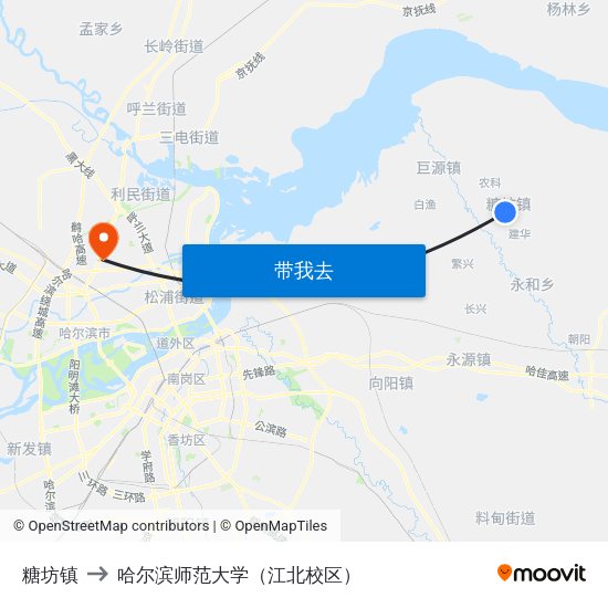 糖坊镇 to 哈尔滨师范大学（江北校区） map