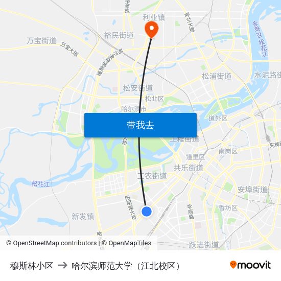 穆斯林小区 to 哈尔滨师范大学（江北校区） map