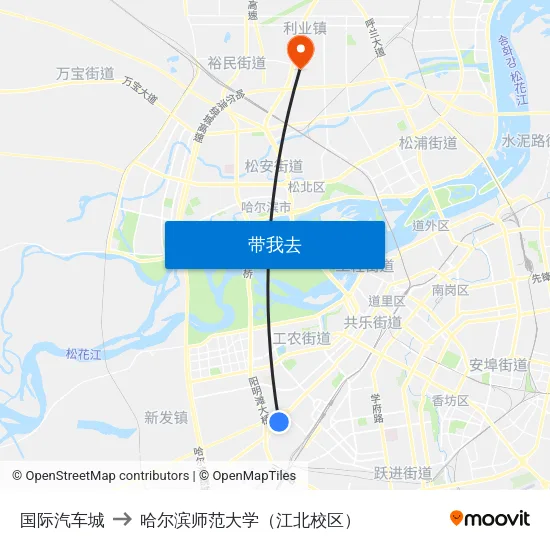 国际汽车城 to 哈尔滨师范大学（江北校区） map