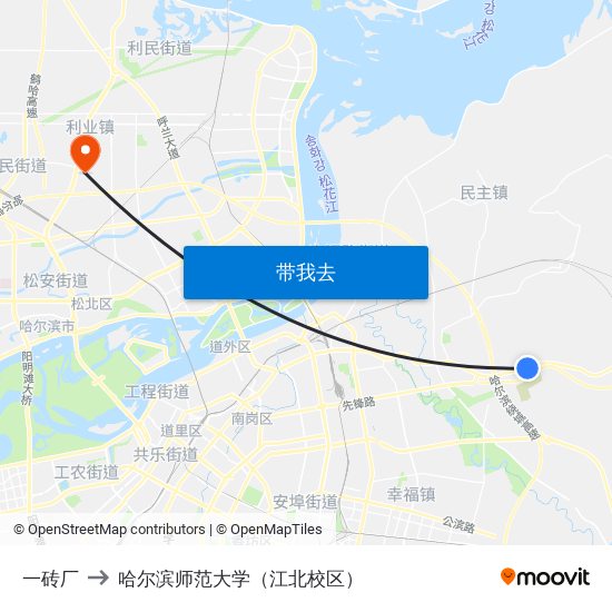 一砖厂 to 哈尔滨师范大学（江北校区） map