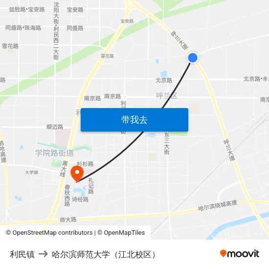 利民镇 to 哈尔滨师范大学（江北校区） map