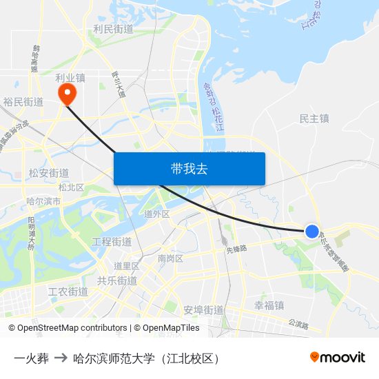 一火葬 to 哈尔滨师范大学（江北校区） map