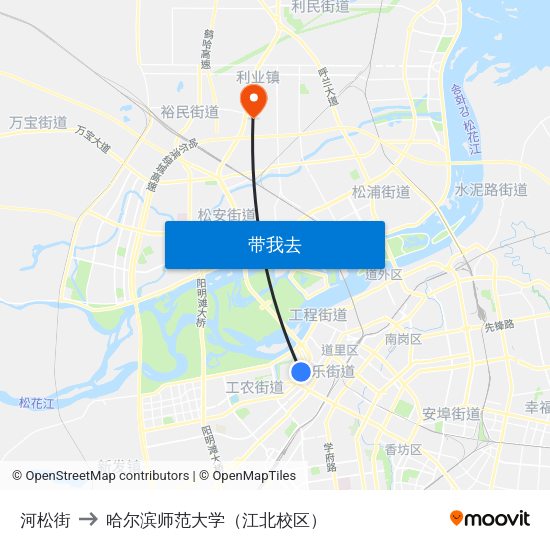 河松街 to 哈尔滨师范大学（江北校区） map