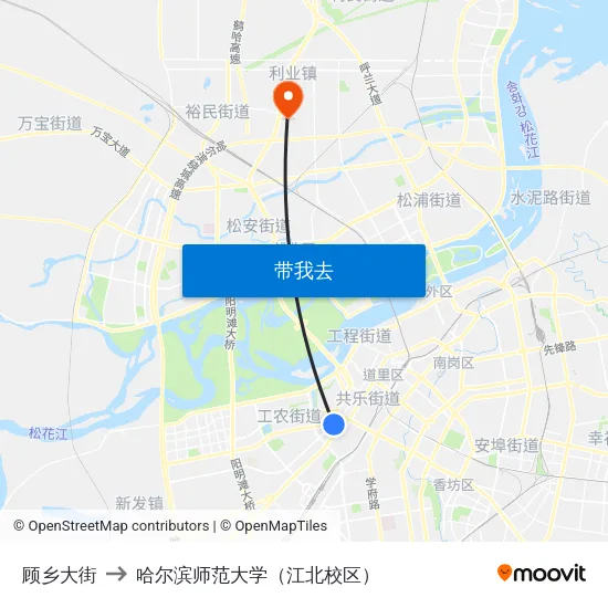 顾乡大街 to 哈尔滨师范大学（江北校区） map