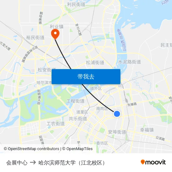 会展中心 to 哈尔滨师范大学（江北校区） map