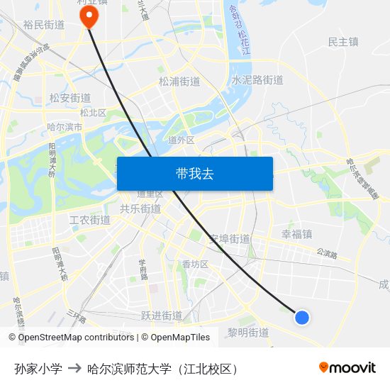 孙家小学 to 哈尔滨师范大学（江北校区） map