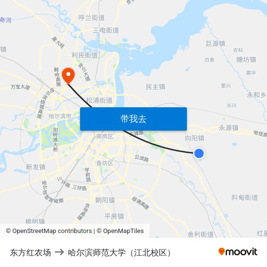东方红农场 to 哈尔滨师范大学（江北校区） map