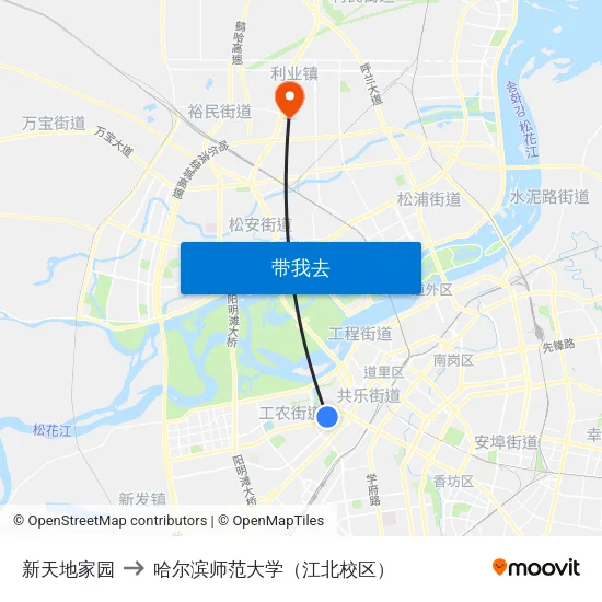 新天地家园 to 哈尔滨师范大学（江北校区） map