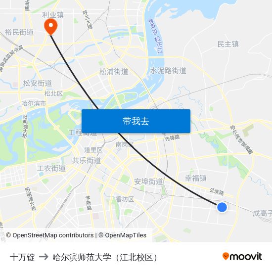 十万锭 to 哈尔滨师范大学（江北校区） map